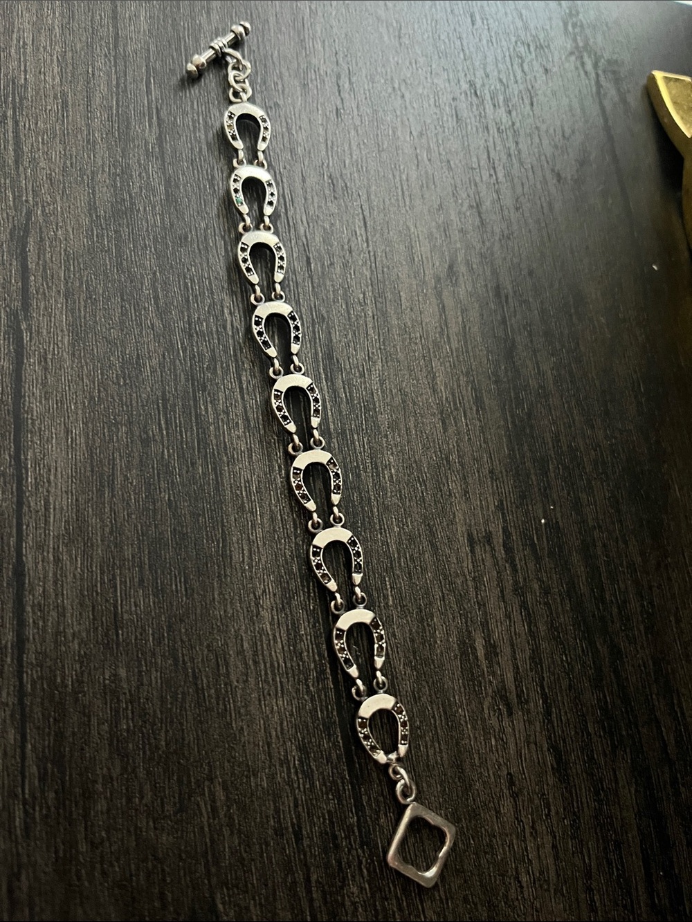 Sterling-Style Silver Horseshoe Link Bracelet - Black Accents